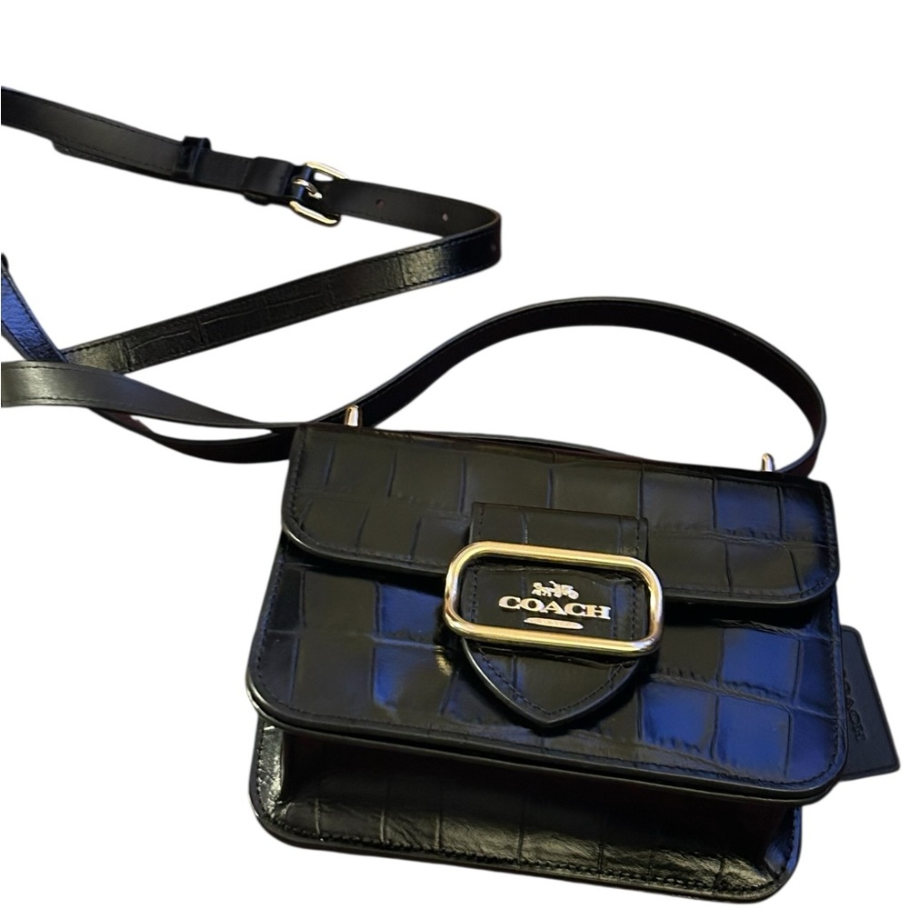 Coach Morgan Square Crossbody Black Croc-Embossed Leather Gold Logo CN313 - Picture 3 of 8